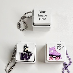 Può includere: Tre portachiavi quadrati in plastica bianca con catenelle a palline. Quello in alto riporta la scritta Your Image Here. In basso a sinistra un logo W viola e nero con un elmo da guerriero. In basso a destra un pattino a rotelle viola e il nome Zoe.