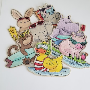 Beach Animals Embroidered Patches - elephant patch- duck patch- pig patch- monkey patch- hippo patch- cow patch- bunny patch - iron on