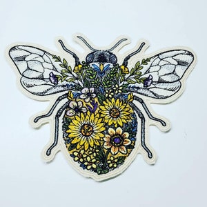 Floral Bee Embroidered Patch - bee patches - bee embroidery designs - iron on - sew on - Large Bee Patch - floral patch - felt bee