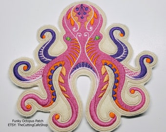 Funky Octopus Embroidered Patch - Toppe sotto il mare - disegni di ricamo marino - appliques - Ocean Sea Creature patch - Polpo colorato