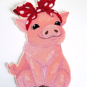 Piggy with a Bow Embroidered Patch - pig patches - pig embroidery - whimsical patches, animal patches, iron on patches, cute pig embroidery