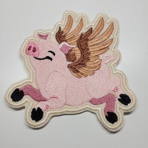 When Pigs Fly Embroidered Patch - flying pig - angel pig embroidery - animal patches, iron on patches, cute pig embroidery, pig with wings