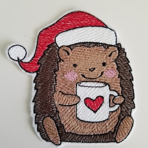 Coffee Christmas Hedgehogs Embroidery Patches - hedgehogs -  christmas hedgehogs - coffee embroidery patches - hedgehogs patch