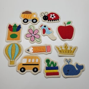 Whimsical Patches, Airplane, whale, dump truck, school bus, crown, school patches, ladybug patch, apple, flower patch, mini felt patches