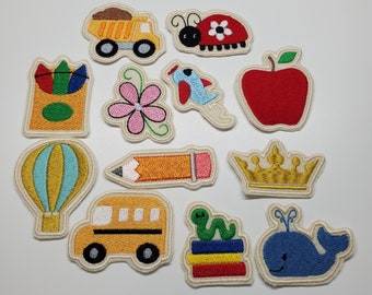 Whimsical Patches, Airplane, whale, dump truck, school bus, crown, school patches, ladybug patch, apple, flower patch, mini felt patches