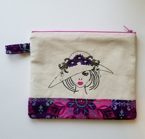 SALE lady Embroidered Zipper Pouch Coin Purse Mini Bag Lady in Hat Embroidery Makeup Bag Canvas Bag Floral Bag Etsy