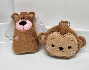 Bear plushie keychain - Monkey plushie keychain - bear stuffie - monkey stuffie - backpack plushies - animal plushies - Embroidered Plushie