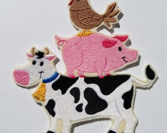 Farm Friends Embroidered Patch -animal patches - cow embroidery-pig embroidery-hen embroidery - farm animal embroidery designs - farm patch