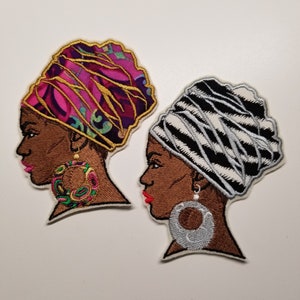 Afro Lady mit Applikation Tall Head Wrap Bestickter Aufnäher - African American Patches - Black Girl Patch - Bügeln - Aufnähen - Frauen Patch