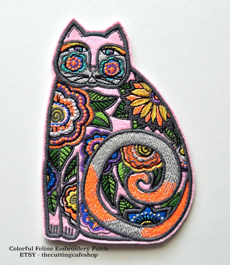 Custom Floral Feline Embroidered Patch Feline Patches Cat Etsy