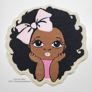 Large Cute African American Girl Patch -  Embroidered  Girl Patch - Little girl Patch - Bossy Girl Patch - Black Girl with Bow Patch
