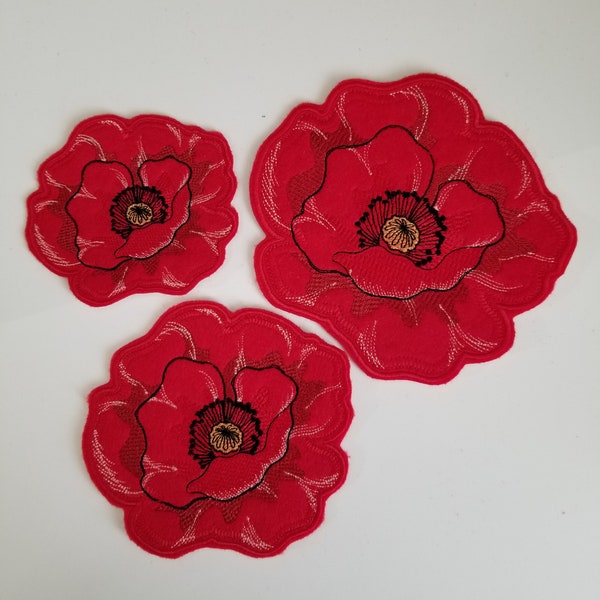 Poppy Embroidered Patch - flower patches - poppy designs - jean patches - large flower patches - large floral embroidery design