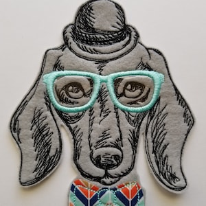 Custom Dapper Dachshund Embroidered Patch - dachshund specs embroidery, dog embroidery, dog with lens embroidery patch, dog applique