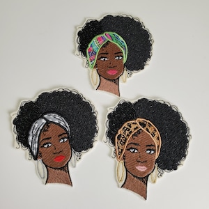 Afro Lady mit Applikation Kopftuch Bestickter Aufnäher - African American Patches - Black Girl Aufnäher - Aufnäher - Frauen Patch - Gepard