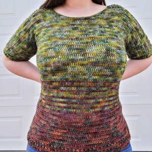 May include: A crochet top with a striped pattern in shades of green, brown, and orange. The top has a scoop neck and short sleeves. The bottom of the top has a crocheted border.