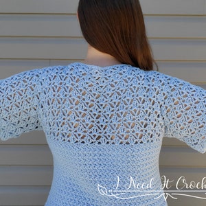 May include: A light blue crochet top with a lacy, open-stitch design. The top has short sleeves and a scoop neckline. The back of the top is shown in the image.