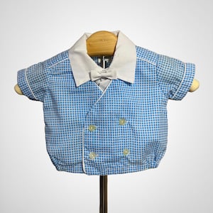 Vintage 1960s-70s BabyFair Infant Baby Boy&#39;s Blue & White Gingham Shirt with Bowtie - Size 0-6mo