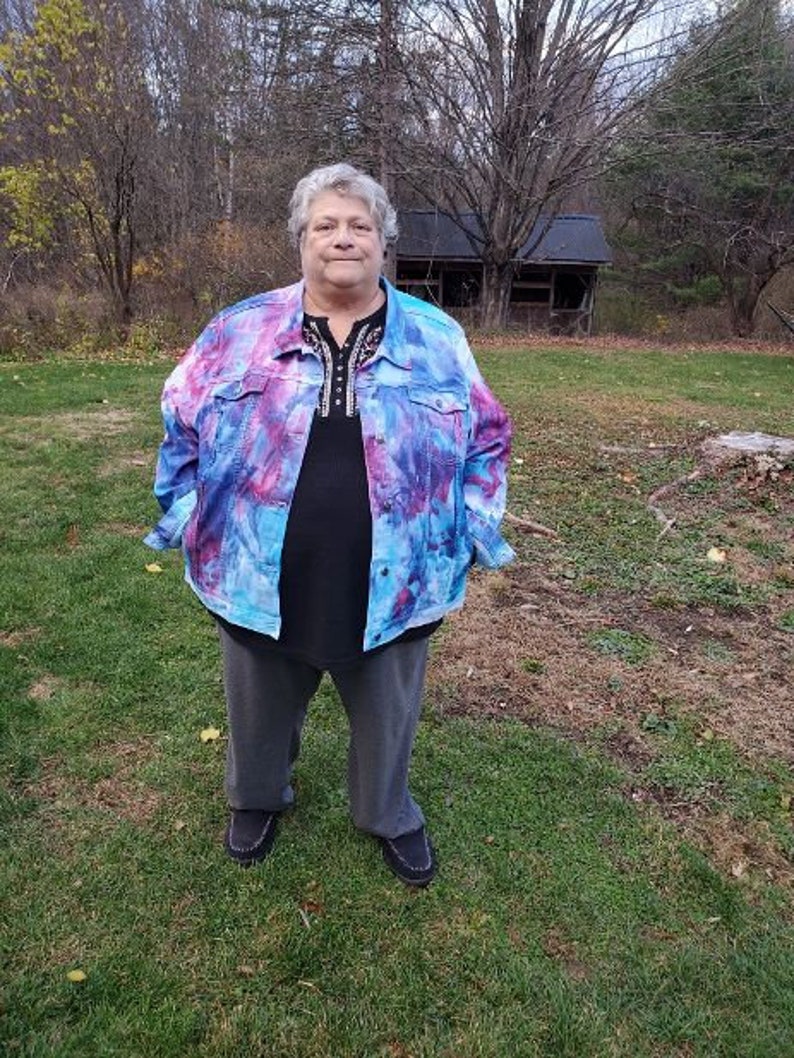 free shipping. ships immediately Ice dyed women/'s denim jacket Plus size tie dyed women/'s size 4X blue and lilac denim size 36 jacket