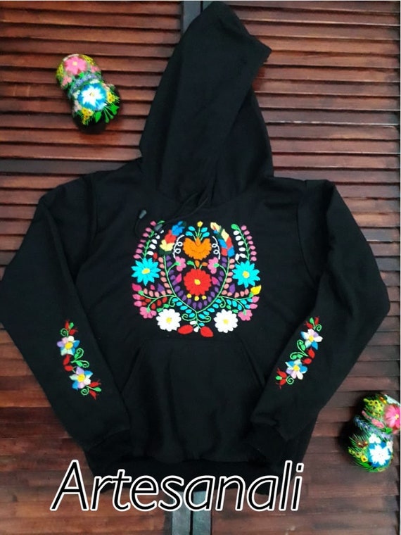 Mexican hand embroidered black hoodie sweater size SM Etsy