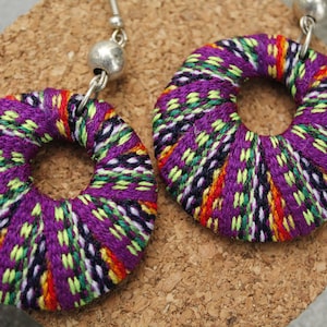 Purple & Green Peru Manta Fabric Thread Hoop Earrings, Peru Fabric Earrings, Hoops