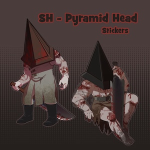 May include: Two sticker designs of the Pyramid Head character from the Silent Hill video game series. The first sticker shows Pyramid Head standing with a large knife. The second sticker shows Pyramid Head crouching with a knife. Both stickers are in a cartoon style and feature a bloody, gory aesthetic.