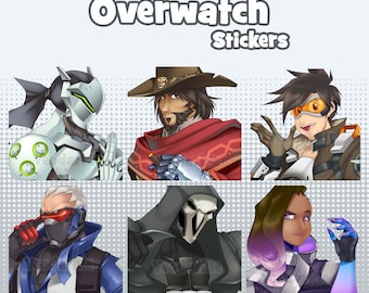 May include: Six Overwatch character stickers featuring Genji, McCree, Reaper, Soldier: 76, Tracer, and Widowmaker. The stickers are printed on a white background.