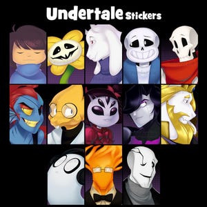 May include: A collection of Undertale character stickers. The stickers display a variety of characters, each with unique designs and colours. The characters include a smiling skeleton, a flower, and a goat-like figure. The text "Undertale stickers" is at the top.