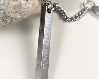 Coordinates Mens Necklace,Roman Numerals Necklace,Stainless Steel Bar Necklace,4 Sided Dad Hipster Daddy Necklace Bar Dad Gift