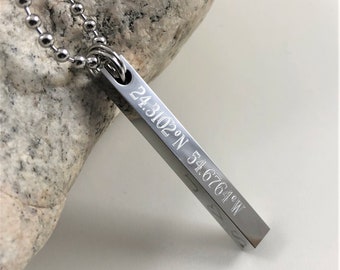 Stainless Steel Bar Necklace, Mens Personalized Necklace, 4 Sided Dad Hipster Daddy Necklace, Coordinates Necklace Bar, Dad Custom Mens Gift