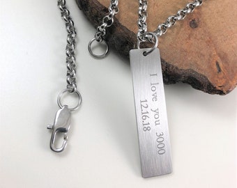 Mens Personalized Tag Necklace, Stainless Steel or Sterling Silver, Custom Engraved