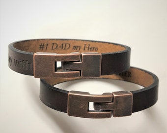 Men's Leather Bracelet, Hidden Message, Engraved Copper Clasp, Custom Dad Gift
