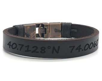 Personalized Leather Coordinates Bracelet, Engraved Hidden Message, Gift for Him