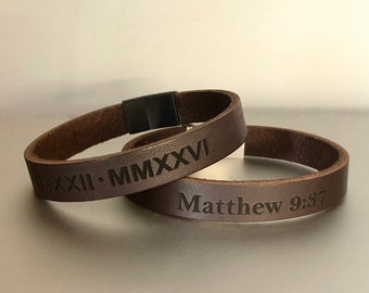 Bible Verse Bracelet For Son Magnetic Stainless Steel Clasp, Roman Numerals Men's Leather Bracelet For Husband Personalized Anniversary Gift