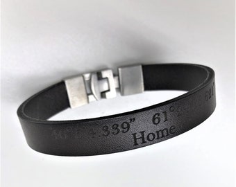 Men Black Bracelet, Personalized Leather Bracelet, Sainless Steel Bracelet, Corrdinates Bracelets, Message Leather Cuff, Engrave Men Bangle