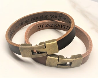 Secret Message Leather Bracelet, Roman Numerals Bracelet For Men, Custom Men Wristband, Engraved Bracelet For Dad Leather Gift For Boyfriend