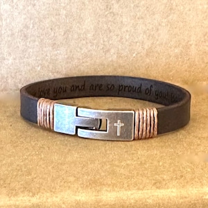 Cross Men Leather Bracelet Personalize Religious Gift For Husband Anniversary Gift For Dad Engraved Bracelet For Men Engrave Jewelry For Him
