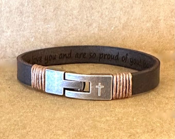 Cross Men Leather Bracelet Personalize Religious Gift For Husband Anniversary Gift For Dad Engraved Bracelet For Men Engrave Jewelry For Him