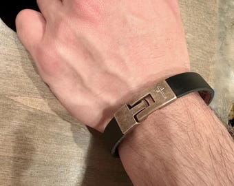 Pulsera de cuero para hombre con cierre de cruz - Joyería cristiana, regalo religioso