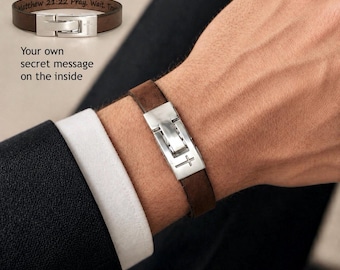 FREE SHIPPING-Christian Cross Men Bracelet, Engraved Hidden Message Leather Bracelet for Man, Personalized Men’s Faith Gift