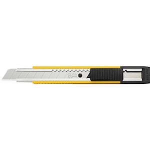 May include: A yellow and black utility knife with a silver blade. The knife has a retractable blade and a safety lock. The brand name "OLFA 12" is printed on the knife.