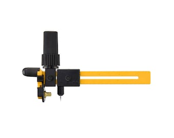 May include: A yellow and black rotary circle cutter with a ruler and a blade. The cutter is designed to cut circles of various sizes.