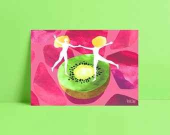 Kawaii Kiwi A5 art print, fruit, summer, colourful, wall decor, original illustration