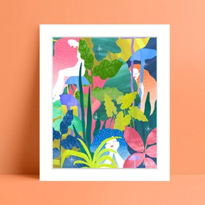 Hide and Seek in the Forest art print, floral, woodland, wall decor, original illustration 8x10" print & mount