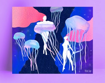 Jellyfish Dreams, 10x8" art print, underwater, wall decor, original illustration