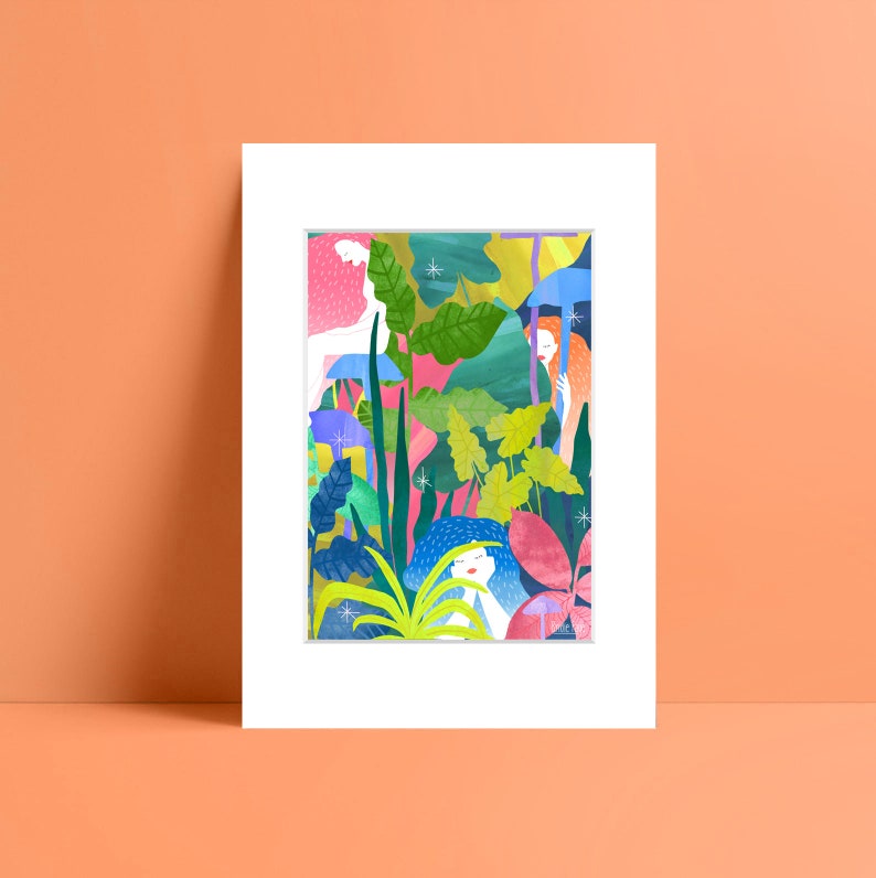 Hide and Seek in the Forest art print, floral, woodland, wall decor, original illustration A5 print & mount