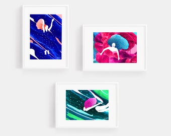 Set of three A5 art prints, celestial series, fantasy, wall decor, original illustrations