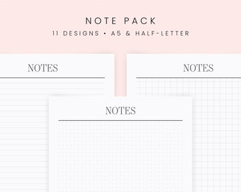 Note Pack Printable Planner Bundle | 11 Blank Ruled Dot Grid and Graph Paper Bullet Journal Inserts for Minimalists | A5 & Half-Letter Pages