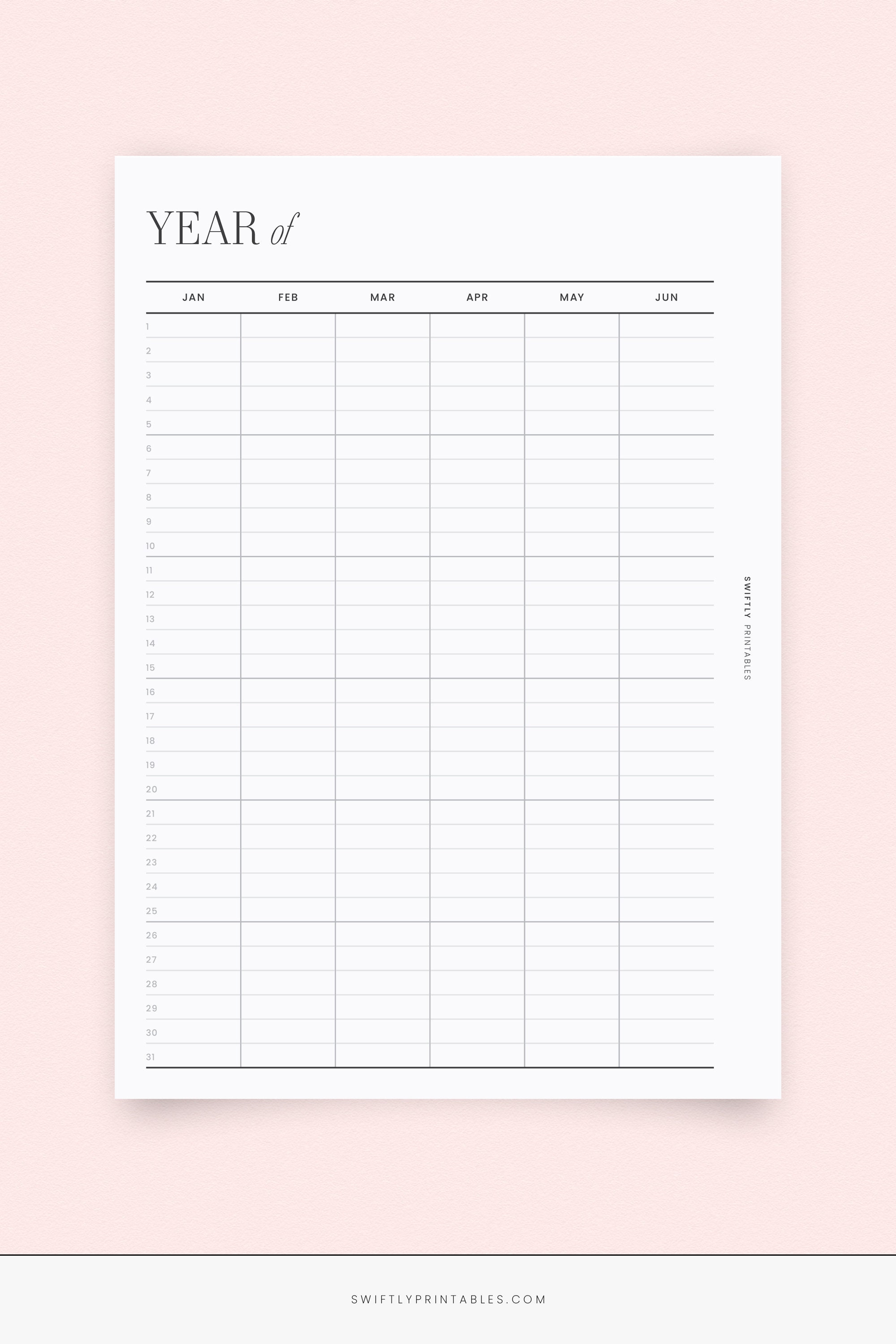 Undated Yearly Calendar Printable Planner Agenda A Perpetual Vertical