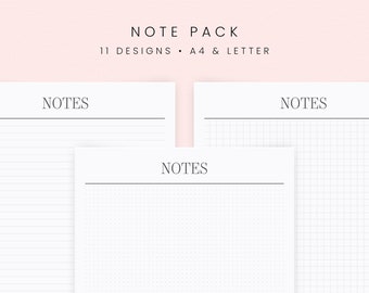 Note Pack Printable Planner Bundle | 11 Blank Ruled Dot Grid and Graph Paper Bullet Journal Inserts, Modern Minimalist | A4 & Letter Pages