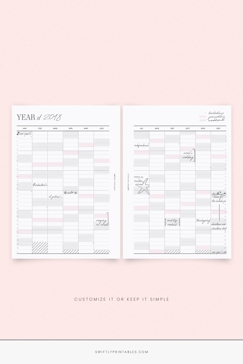 Undated Yearly Calendar Printable Planner Agenda A Perpetual Etsy
